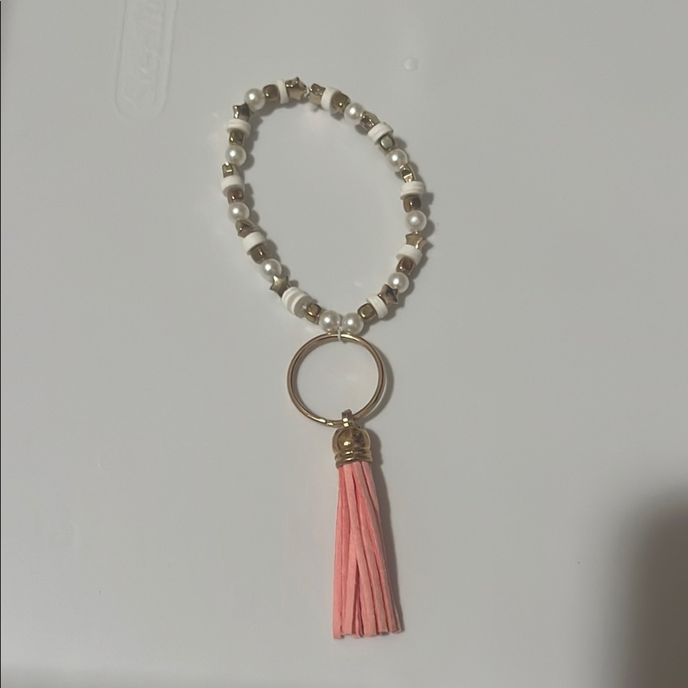 Elegant Beaded Keychain with Pink Tassel